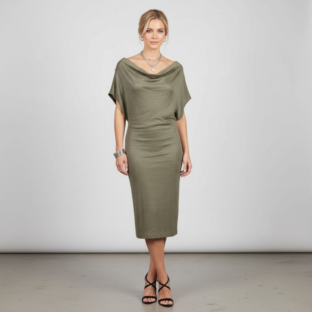 Michael Stars Taupe Sparkle Drape Neck Short Sleeve Dress OS‎